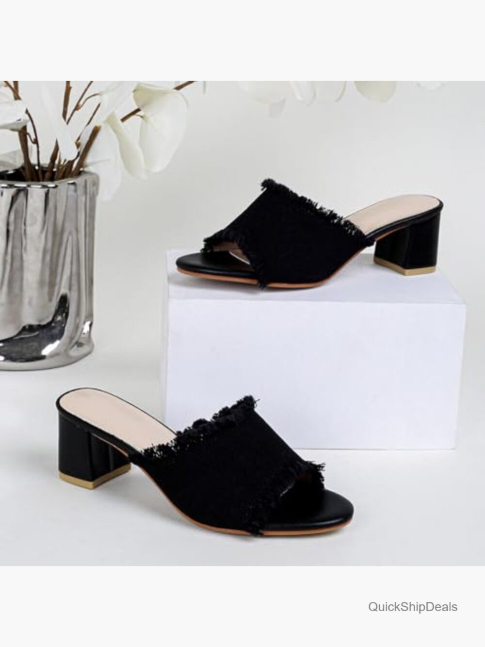Linen Peep Toe Chunky Heel Mules Sandals Non-Slip for Work Dating - Picture 2 of 7